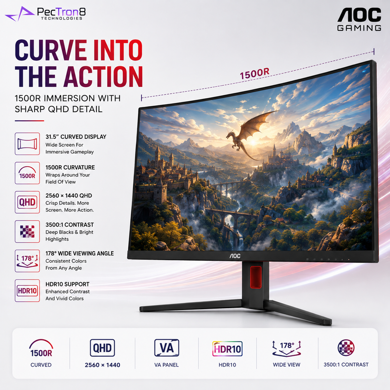 AOC CQ32G4 31.5" Curved QHD Gaming Monitor 180Hz 0.5ms | 1500R VA | HDR10 | Adaptive Sync | HDMI 2.0 | DP 1.4 | HAS VESA