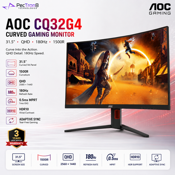 AOC CQ32G4 31.5" Curved QHD Gaming Monitor 180Hz 0.5ms | 1500R VA | HDR10 | Adaptive Sync | HDMI 2.0 | DP 1.4 | HAS VESA