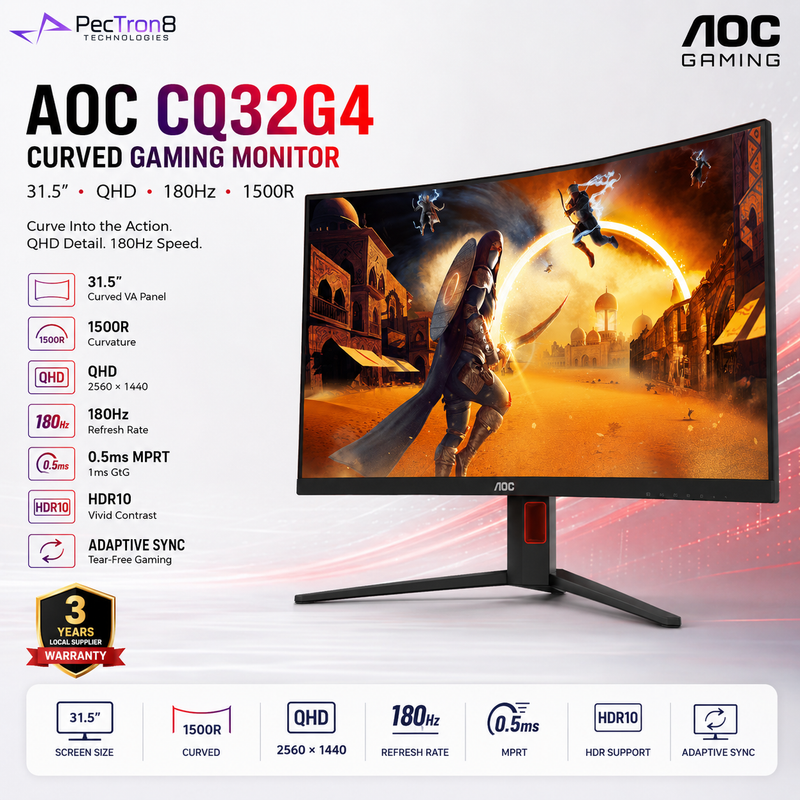 AOC CQ32G4 31.5" Curved QHD Gaming Monitor 180Hz 0.5ms | 1500R VA | HDR10 | Adaptive Sync | HDMI 2.0 | DP 1.4 | HAS VESA