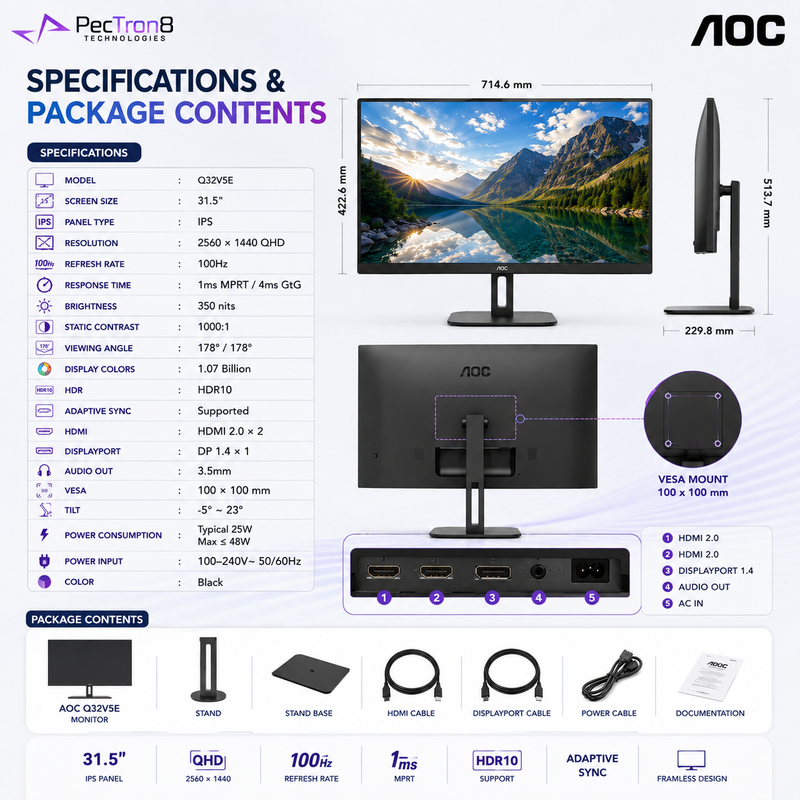AOC Q32V5E 31.5" IPS QHD 100Hz Monitor | 1ms MPRT | HDR10 | Adaptive Sync | HDMI 2.0 ×2 | DP 1.4 | VESA