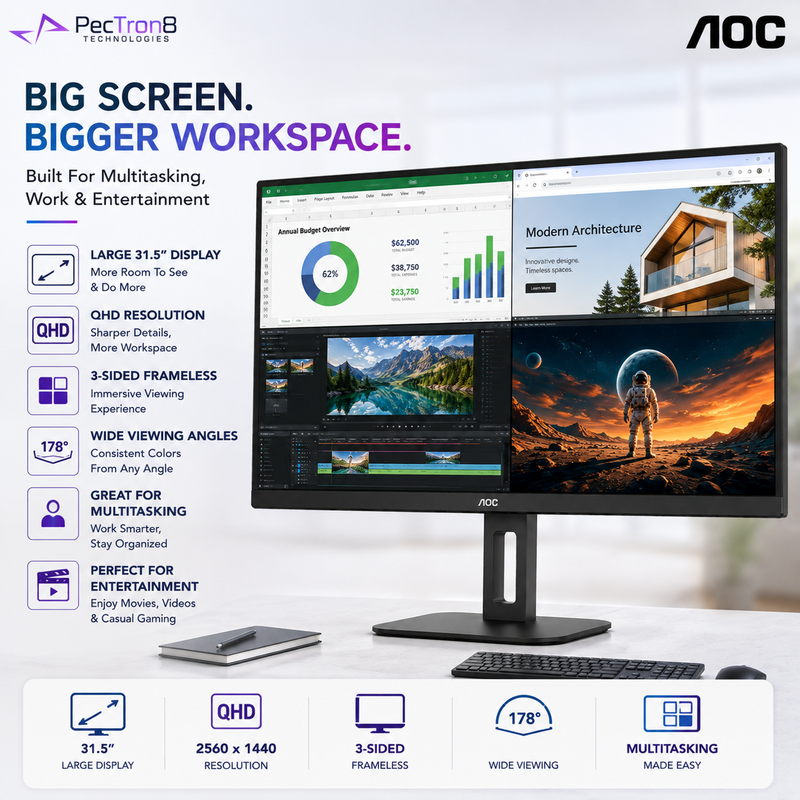 AOC Q32V5E 31.5" IPS QHD 100Hz Monitor | 1ms MPRT | HDR10 | Adaptive Sync | HDMI 2.0 ×2 | DP 1.4 | VESA