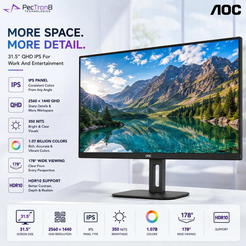 AOC Q32V5E 31.5" IPS QHD 100Hz Monitor | 1ms MPRT | HDR10 | Adaptive Sync | HDMI 2.0 ×2 | DP 1.4 | VESA