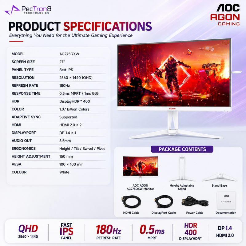 AOC AGON AG275QXW 27" White Fast IPS QHD Gaming Monitor 180Hz 0.5ms | HDR400 | Adaptive Sync | HDMI 2.0 ×2 | DP 1.4 | HAS Pivot VESA