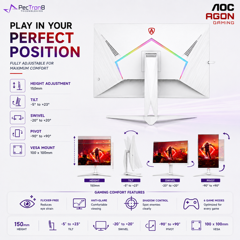 AOC AGON AG275QXW 27" White Fast IPS QHD Gaming Monitor 180Hz 0.5ms | HDR400 | Adaptive Sync | HDMI 2.0 ×2 | DP 1.4 | HAS Pivot VESA