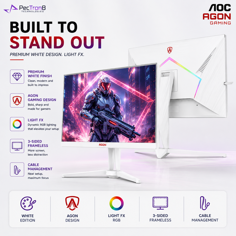AOC AGON AG275QXW 27" White Fast IPS QHD Gaming Monitor 180Hz 0.5ms | HDR400 | Adaptive Sync | HDMI 2.0 ×2 | DP 1.4 | HAS Pivot VESA