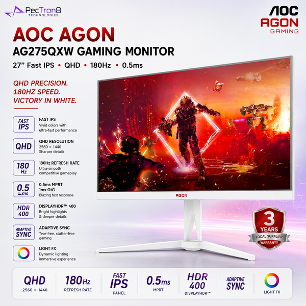 AOC AGON AG275QXW 27" White Fast IPS QHD Gaming Monitor 180Hz 0.5ms | HDR400 | Adaptive Sync | HDMI 2.0 ×2 | DP 1.4 | HAS Pivot VESA