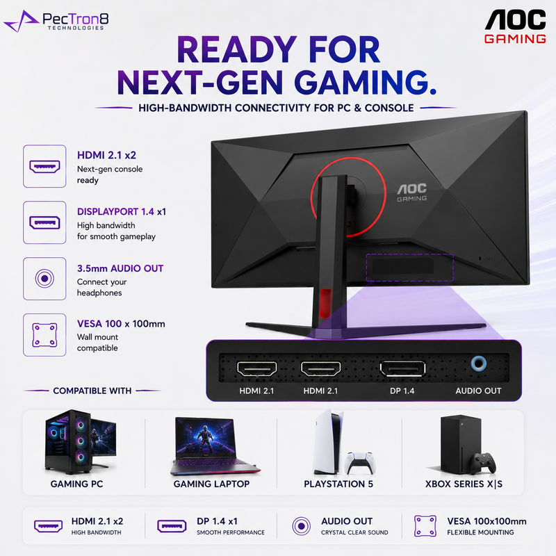 AOC U27G4 27" Fast IPS Dual-Mode Gaming Monitor | 4K UHD 160Hz / FHD 320Hz | 0.3ms | HDR400 | HDMI 2.1 ×2 | DP 1.4 | HAS Pivot VESA