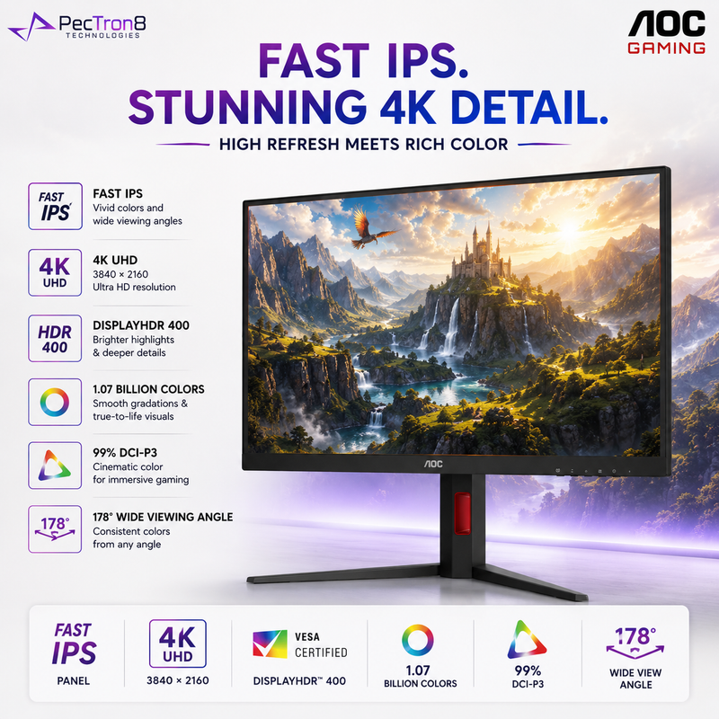 AOC U27G4 27" Fast IPS Dual-Mode Gaming Monitor | 4K UHD 160Hz / FHD 320Hz | 0.3ms | HDR400 | HDMI 2.1 ×2 | DP 1.4 | HAS Pivot VESA
