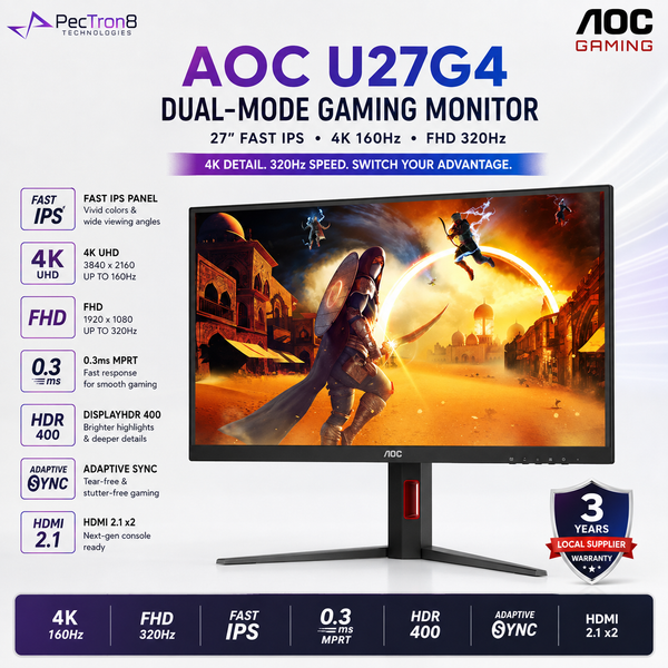AOC U27G4 27" Fast IPS Dual-Mode Gaming Monitor | 4K UHD 160Hz / FHD 320Hz | 0.3ms | HDR400 | HDMI 2.1 ×2 | DP 1.4 | HAS Pivot VESA
