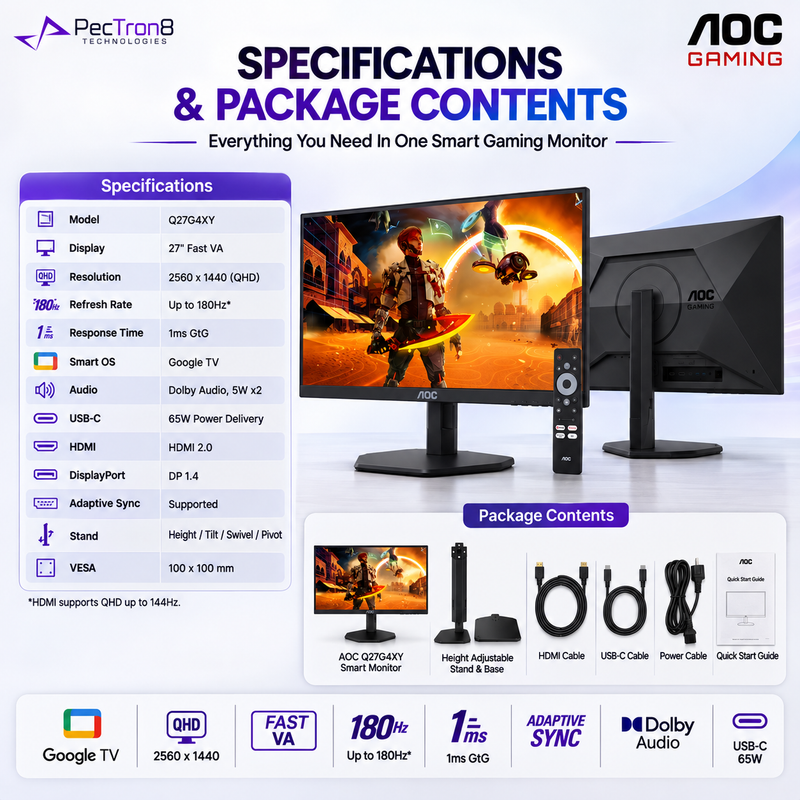 AOC Q27G4XY 27" Smart Gaming Monitor QHD Fast VA 180Hz 1ms | Google TV OS | Adaptive Sync | Dolby Audio | USB-C 65W | DP 1.4