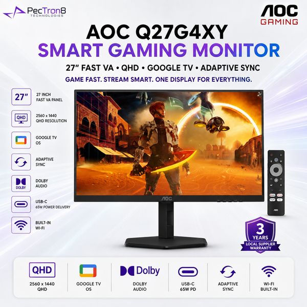 AOC Q27G4XY 27" Smart Gaming Monitor QHD Fast VA 180Hz 1ms | Google TV OS | Adaptive Sync | Dolby Audio | USB-C 65W | DP 1.4