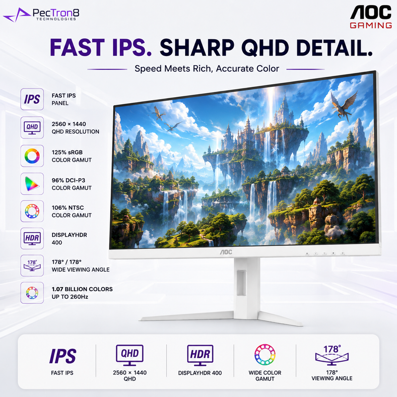 AOC Q27G4SL/WS 27" White Fast IPS QHD Gaming Monitor 320Hz 0.3ms | Adaptive Sync | HDR400 | HDMI 2.1 ×2 | DP 1.4 | PIP/PBP | HAS Pivot VESA