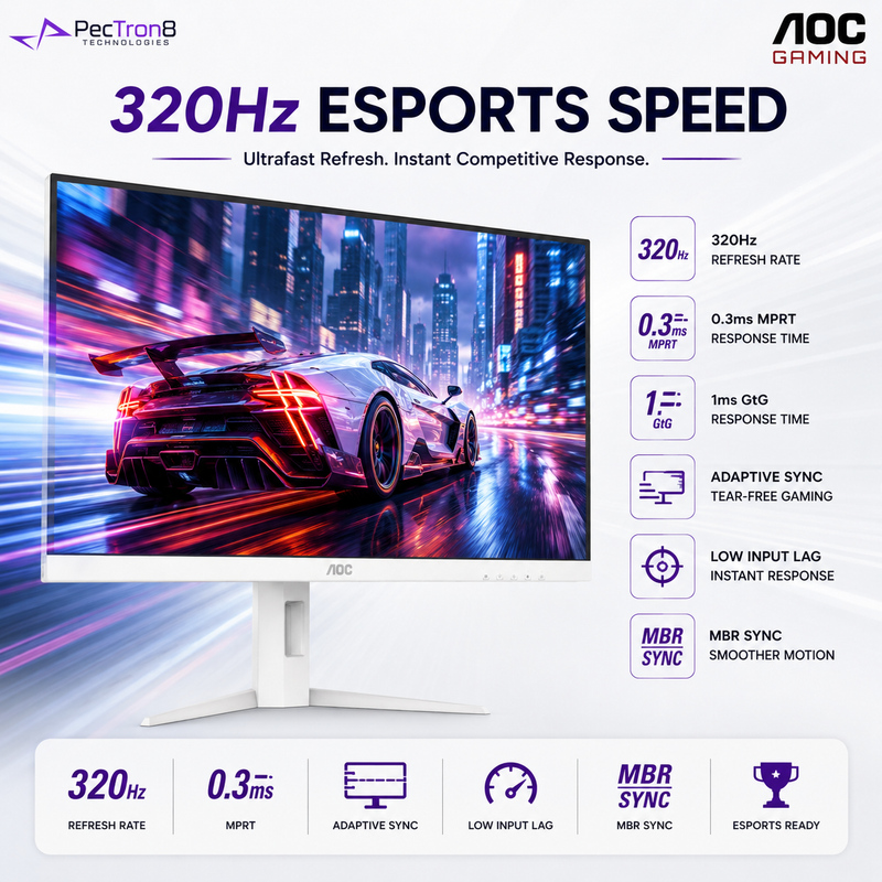 AOC Q27G4SL/WS 27" White Fast IPS QHD Gaming Monitor 320Hz 0.3ms | Adaptive Sync | HDR400 | HDMI 2.1 ×2 | DP 1.4 | PIP/PBP | HAS Pivot VESA