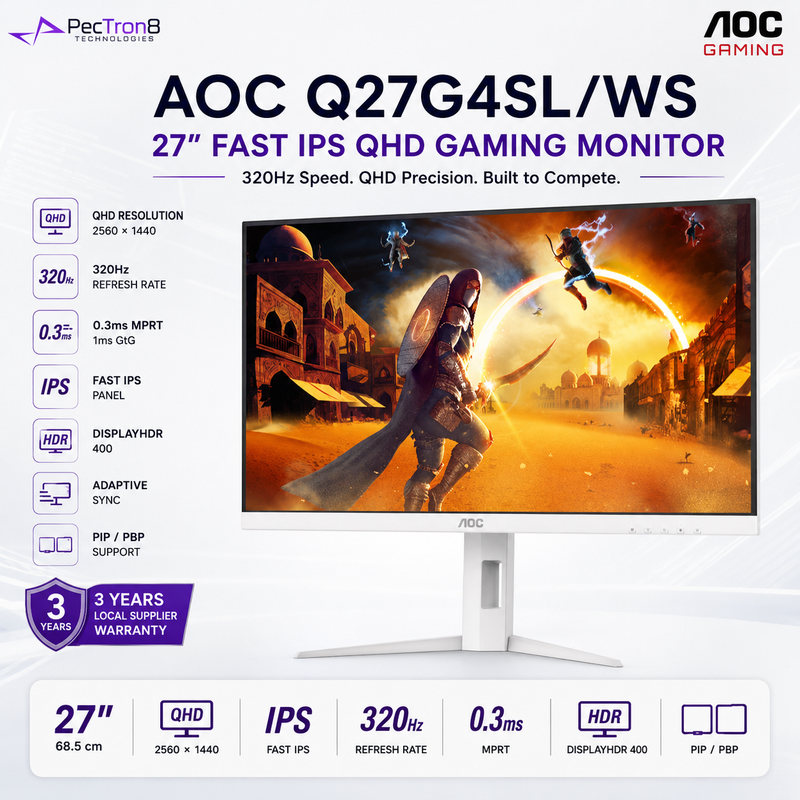 AOC Q27G4SL/WS 27" White Fast IPS QHD Gaming Monitor 320Hz 0.3ms | Adaptive Sync | HDR400 | HDMI 2.1 ×2 | DP 1.4 | PIP/PBP | HAS Pivot VESA