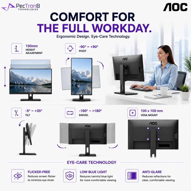 AOC Q27P3CV 27" IPS QHD Professional Monitor 75Hz | USB-C 65W PD | HDMI ×2 | DP In/Out | RJ45 | USB Hub | HAS Pivot VESA