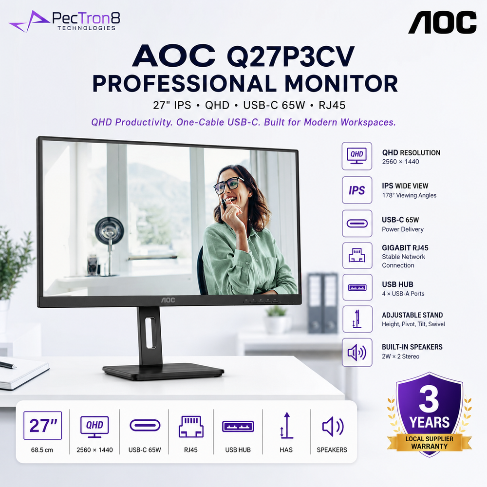 AOC Q27P3CV 27" IPS QHD Professional Monitor 75Hz | USB-C 65W PD | HDMI ×2 | DP In/Out | RJ45 | USB Hub | HAS Pivot VESA