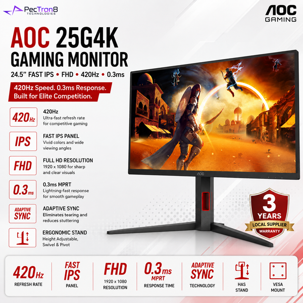 AOC 25G4K 24.5" Fast IPS Gaming Monitor FHD 420Hz 0.3ms | Adaptive Sync | HDMI 2.0 ×2 | DP 1.4 | HAS Swivel Pivot