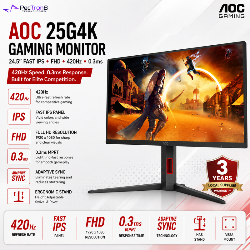 AOC 25G4K 24.5" Fast IPS Gaming Monitor FHD 420Hz 0.3ms | Adaptive Sync | HDMI 2.0 ×2 | DP 1.4 | HAS Swivel Pivot