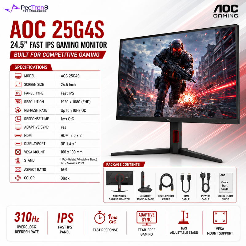 AOC 25G4S 24.5" Fast IPS Gaming Monitor FHD 310Hz OC | HDMI 2.0 ×2 | DisplayPort 1.4 | Adaptive Sync | HAS Pivot VESA