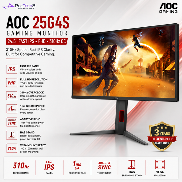 AOC 25G4S 24.5" Fast IPS Gaming Monitor FHD 310Hz OC | HDMI 2.0 ×2 | DisplayPort 1.4 | Adaptive Sync | HAS Pivot VESA