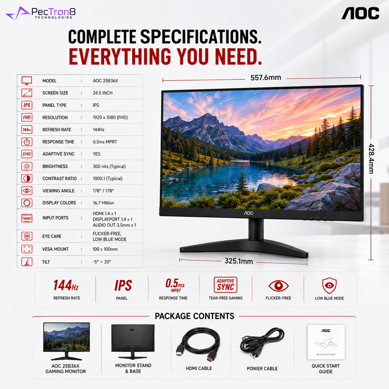 AOC 25B36X 24.5" IPS Gaming Monitor FHD 144Hz 0.5ms Adaptive Sync | HDMI 1.4 | DisplayPort 1.4 | Flicker-Free | Low Blue