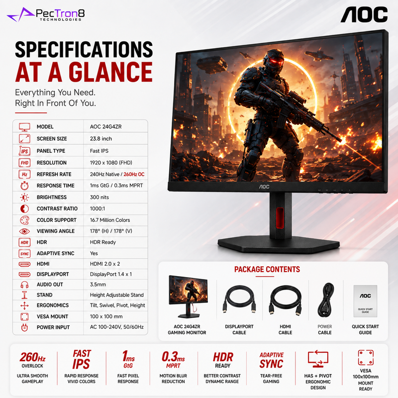 AOC 24G4ZR 23.8" Fast IPS Gaming Monitor FHD 260Hz | HDMI 2.0 ×2 | DisplayPort 1.4 | Adaptive Sync | HAS Pivot VESA