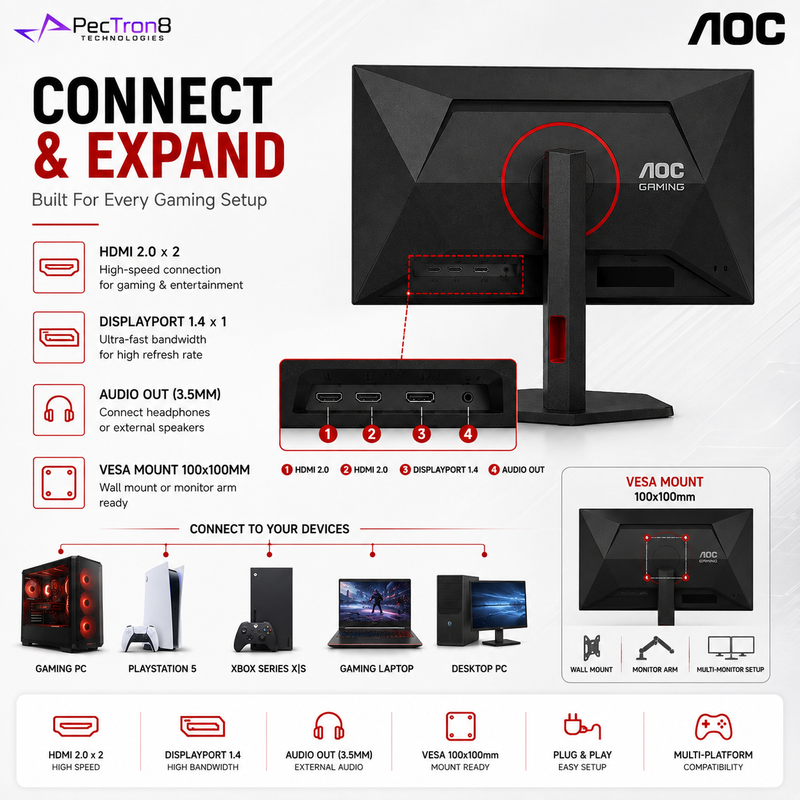 AOC 24G4ZR 23.8" Fast IPS Gaming Monitor FHD 260Hz | HDMI 2.0 ×2 | DisplayPort 1.4 | Adaptive Sync | HAS Pivot VESA