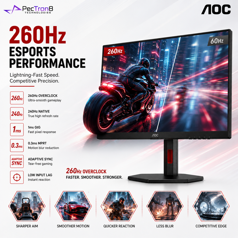 AOC 24G4ZR 23.8" Fast IPS Gaming Monitor FHD 260Hz | HDMI 2.0 ×2 | DisplayPort 1.4 | Adaptive Sync | HAS Pivot VESA