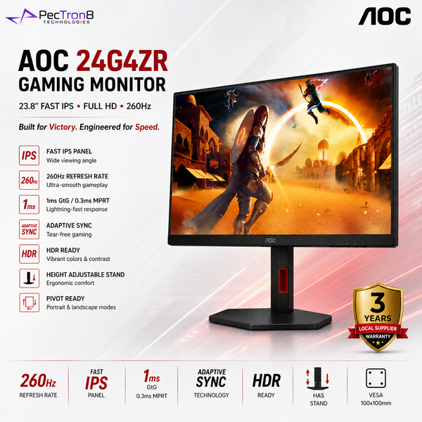 AOC 24G4ZR 23.8" Fast IPS Gaming Monitor FHD 260Hz | HDMI 2.0 ×2 | DisplayPort 1.4 | Adaptive Sync | HAS Pivot VESA