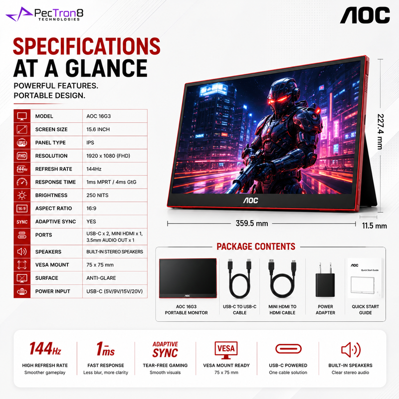 AOC 16G3 15.6" Portable Gaming Monitor 144Hz IPS FHD | USB-C | Mini HDMI | Adaptive Sync | VESA Mount