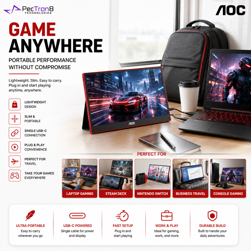 AOC 16G3 15.6" Portable Gaming Monitor 144Hz IPS FHD | USB-C | Mini HDMI | Adaptive Sync | VESA Mount