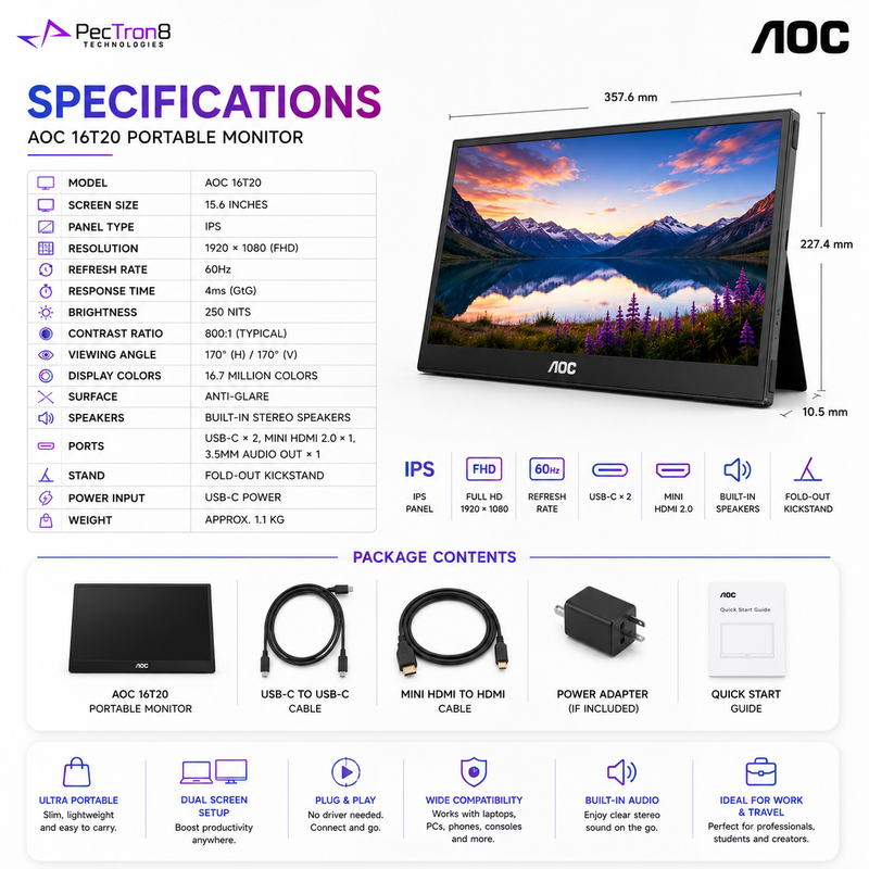 AOC 16T20 15.6" Portable IPS Monitor FHD 60Hz | Dual USB-C | Mini HDMI 2.0 | Built-in Speakers | Fold-Out Kickstand