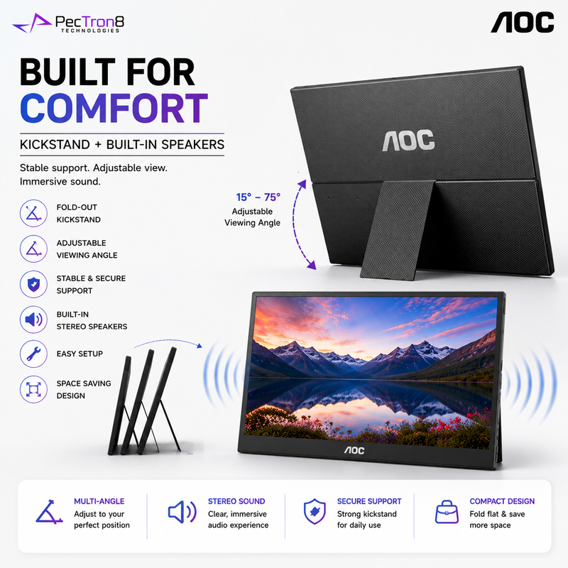 AOC 16T20 15.6" Portable IPS Monitor FHD 60Hz | Dual USB-C | Mini HDMI 2.0 | Built-in Speakers | Fold-Out Kickstand