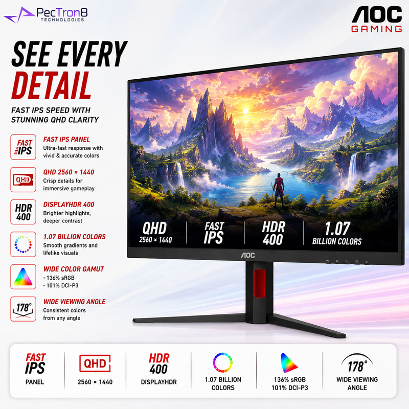 AOC Q27G4S 27" Fast IPS QHD 300Hz Gaming Monitor | 0.3ms | HDR400 | HDMI 2.1 ×2 | DP 1.4 | Adaptive Sync | PIP/PBP | HAS Pivot VESA