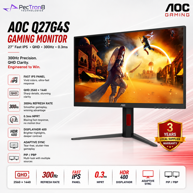 AOC Q27G4S 27" Fast IPS QHD 300Hz Gaming Monitor | 0.3ms | HDR400 | HDMI 2.1 ×2 | DP 1.4 | Adaptive Sync | PIP/PBP | HAS Pivot VESA