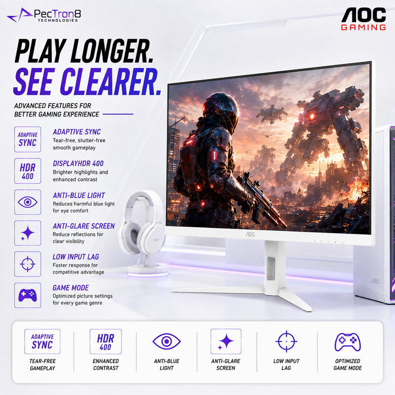 AOC Q27G4/WS 27" White Fast IPS QHD Gaming Monitor 200Hz 0.3ms | Adaptive Sync | DisplayHDR 400 | HDMI 2.0 | DP 1.4 | HAS Pivot VESA