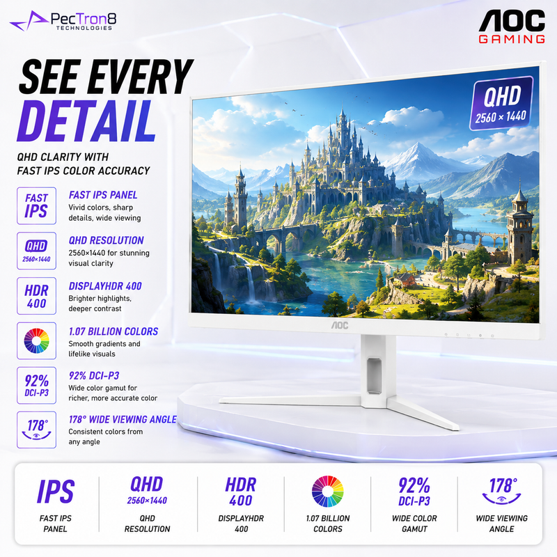AOC Q27G4/WS 27" White Fast IPS QHD Gaming Monitor 200Hz 0.3ms | Adaptive Sync | DisplayHDR 400 | HDMI 2.0 | DP 1.4 | HAS Pivot VESA