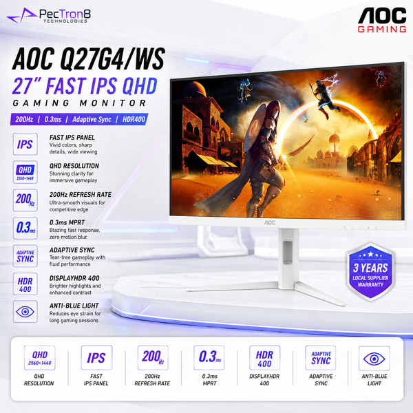 AOC Q27G4/WS 27" White Fast IPS QHD Gaming Monitor 200Hz 0.3ms | Adaptive Sync | DisplayHDR 400 | HDMI 2.0 | DP 1.4 | HAS Pivot VESA