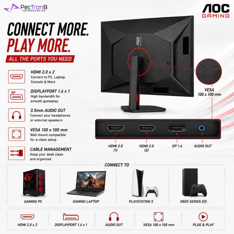 AOC 27G4ZR 27" Fast IPS Gaming Monitor FHD 260Hz OC 0.3ms | G-SYNC Compatible | HDMI 2.0 ×2 | DP 1.4 | HAS Pivot VESA