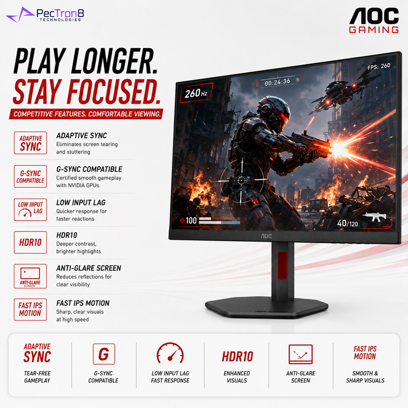 AOC 27G4ZR 27" Fast IPS Gaming Monitor FHD 260Hz OC 0.3ms | G-SYNC Compatible | HDMI 2.0 ×2 | DP 1.4 | HAS Pivot VESA