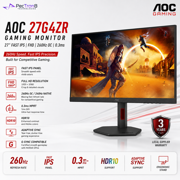 AOC 27G4ZR 27" Fast IPS Gaming Monitor FHD 260Hz OC 0.3ms | G-SYNC Compatible | HDMI 2.0 ×2 | DP 1.4 | HAS Pivot VESA