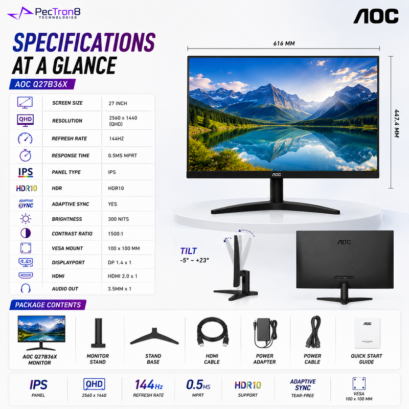 AOC Q27B36X 27" IPS QHD Gaming Monitor 144Hz 0.5ms Adaptive Sync HDR10 | HDMI 2.0 | DP 1.4 | Flicker-Free Low Blue VESA