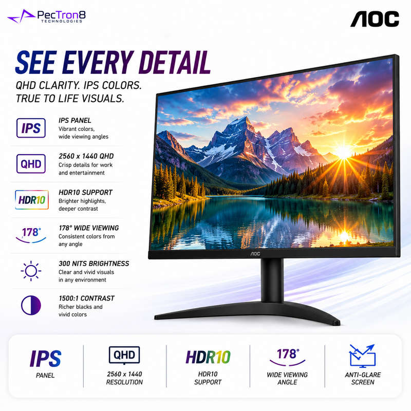 AOC Q27B36X 27" IPS QHD Gaming Monitor 144Hz 0.5ms Adaptive Sync HDR10 | HDMI 2.0 | DP 1.4 | Flicker-Free Low Blue VESA