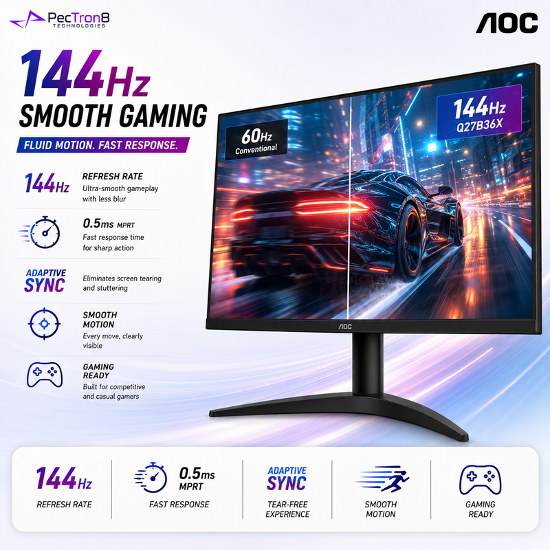 AOC Q27B36X 27" IPS QHD Gaming Monitor 144Hz 0.5ms Adaptive Sync HDR10 | HDMI 2.0 | DP 1.4 | Flicker-Free Low Blue VESA