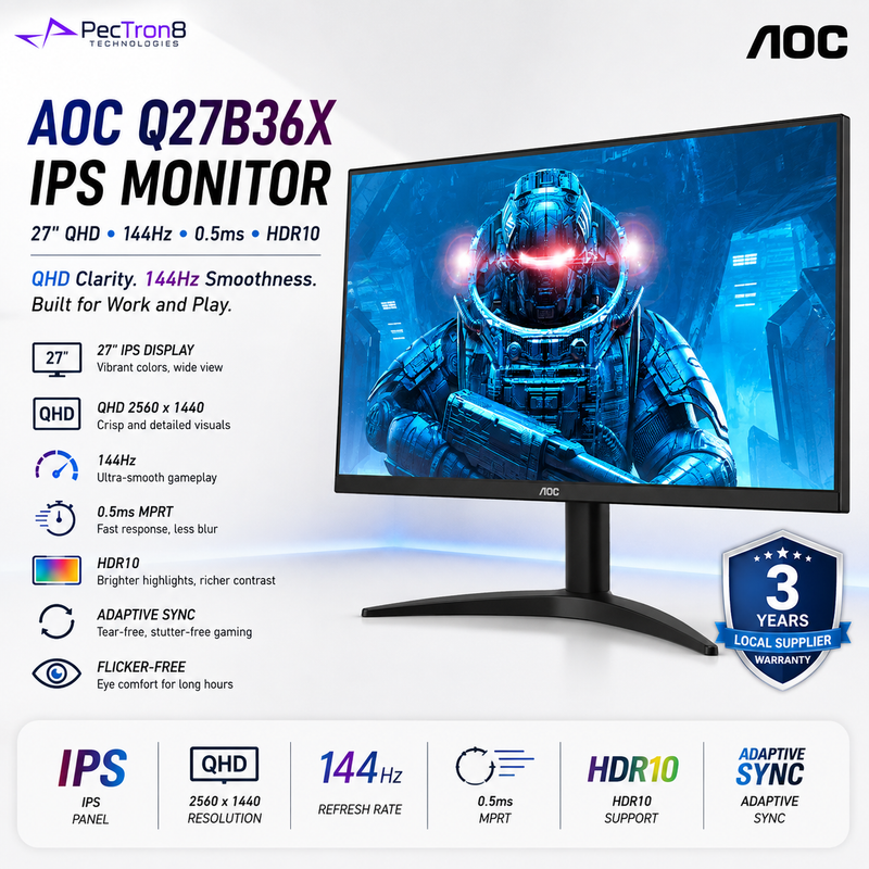 AOC Q27B36X 27" IPS QHD Gaming Monitor 144Hz 0.5ms Adaptive Sync HDR10 | HDMI 2.0 | DP 1.4 | Flicker-Free Low Blue VESA