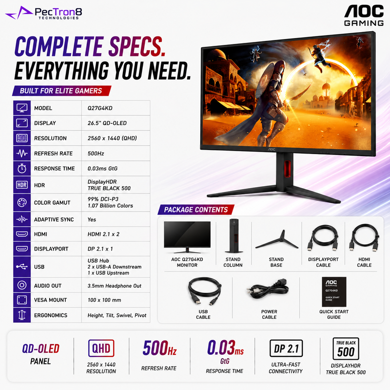 AOC Q27G4KD 26.5" QD-OLED Gaming Monitor QHD 500Hz 0.03ms | DisplayHDR True Black 500 | HDMI 2.1 ×2 | DP 2.1 | Adaptive Sync