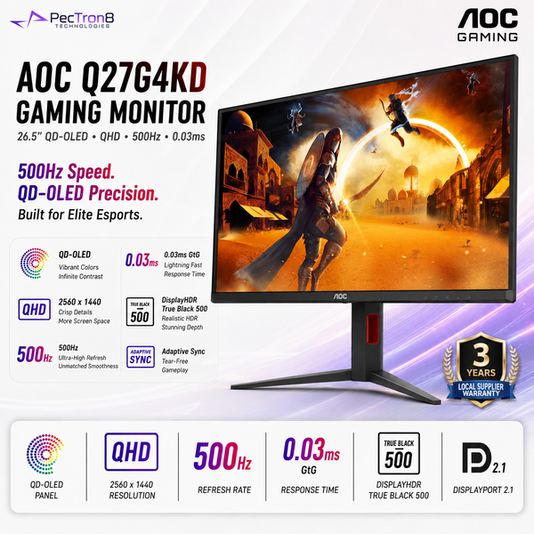 AOC Q27G4KD 26.5" QD-OLED Gaming Monitor QHD 500Hz 0.03ms | DisplayHDR True Black 500 | HDMI 2.1 ×2 | DP 2.1 | Adaptive Sync