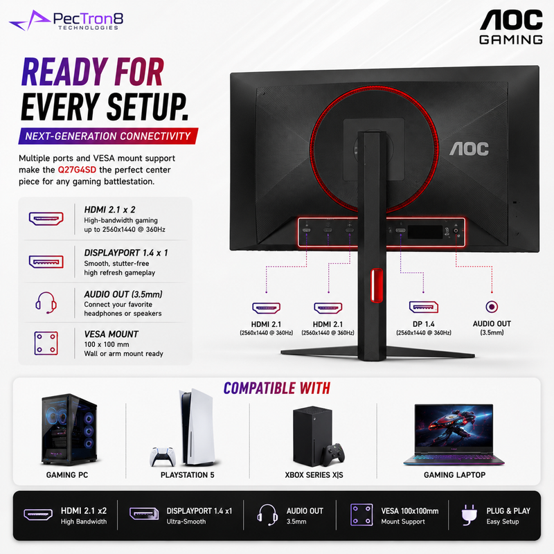 AOC Q27G4SD 26.5" QD-OLED Gaming Monitor QHD 2K 360Hz 0.03ms DisplayHDR True Black 400 HDMI 2.1 DP 1.4 Adaptive Sync