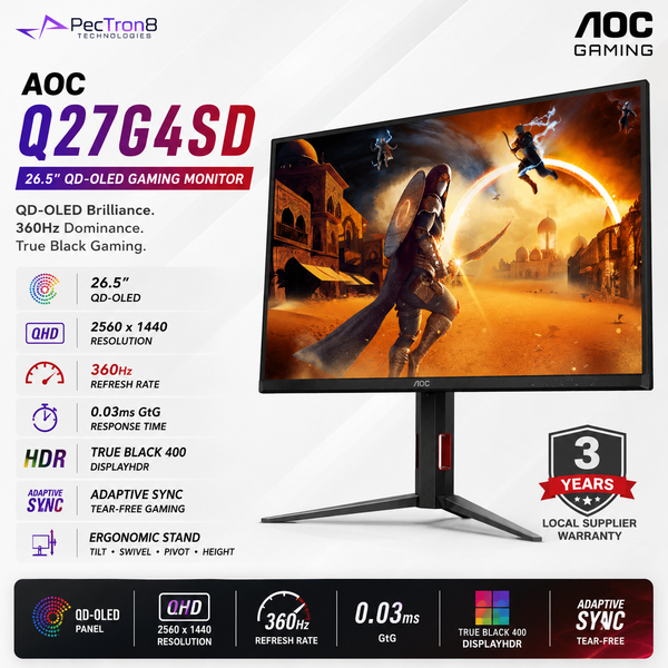 AOC Q27G4SD 26.5" QD-OLED Gaming Monitor QHD 2K 360Hz 0.03ms DisplayHDR True Black 400 HDMI 2.1 DP 1.4 Adaptive Sync