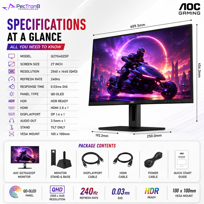 AOC Q27G40ZDF 27" QD-OLED Gaming Monitor QHD 240Hz 0.03ms | HDR | Adaptive Sync | HDMI 2.0 | DP 1.4 | VESA